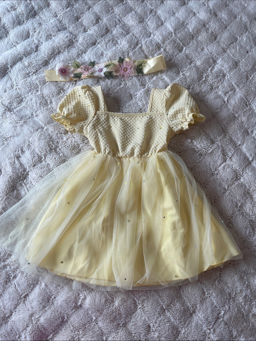 Yellow Princess Tulle Dress with Puff Sleeves - Kids Costume